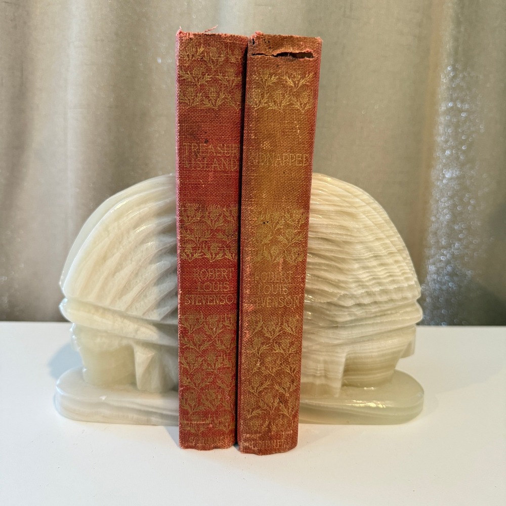 2 Vintage Hand Carved Onyx Native American Chief Headdress Bookends Set of 2